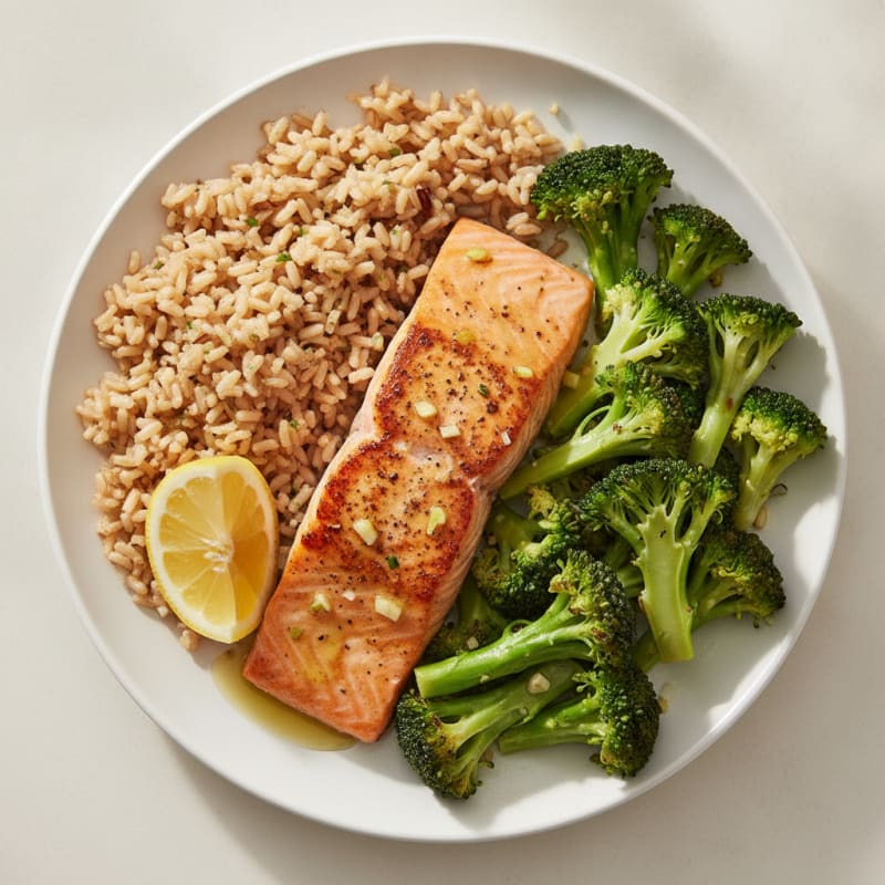 Seared Salmon Fillet with Steamed Broccoli and Brown Rice