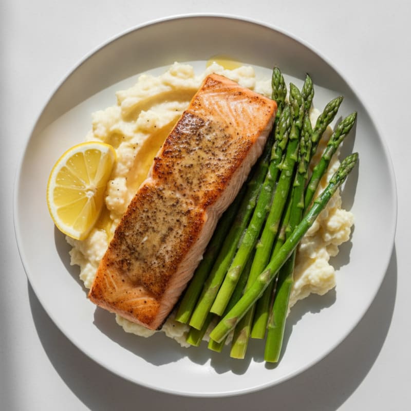 Seared Salmon with Steamed Asparagus and Mashed Cauliflower
