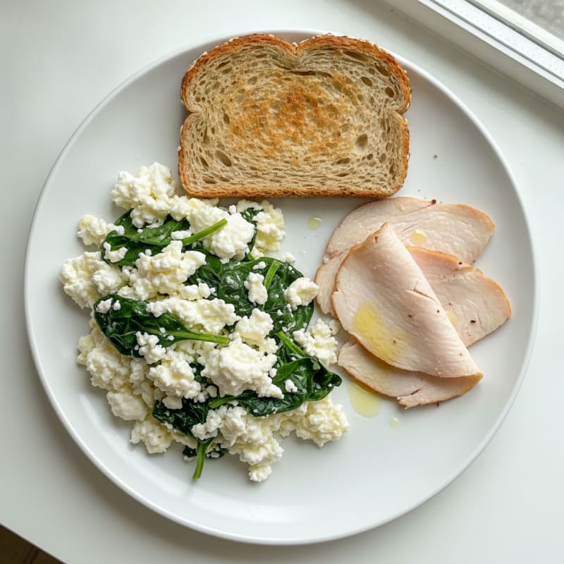 Egg White and Spinach Scramble with Cottage Cheese and Sliced Turkey