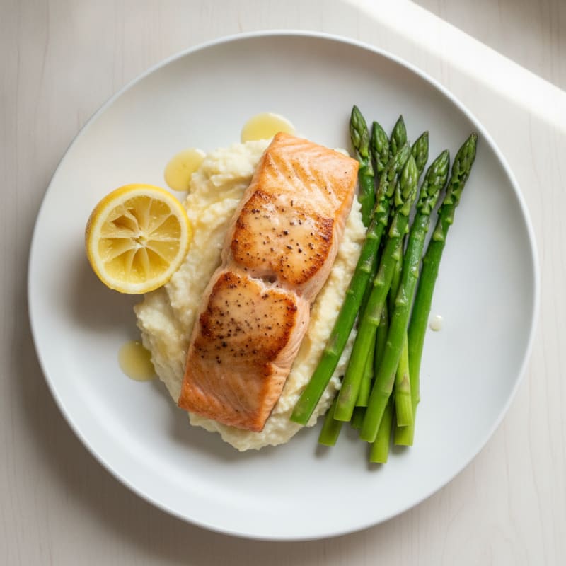 Seared Salmon with Steamed Asparagus and Garlic Cauliflower Mash
