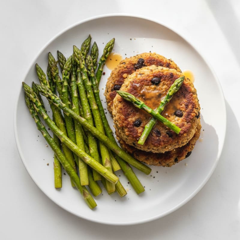 Mushroom Quinoa Veggie Burger with Roasted Asparagus