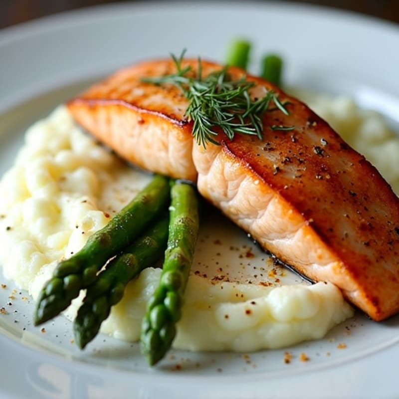 Seared Salmon with Roasted Asparagus and Cauliflower Mash