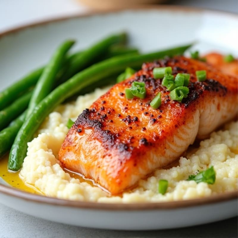 Seared Salmon with Garlic Green Beans and Cauliflower Mash