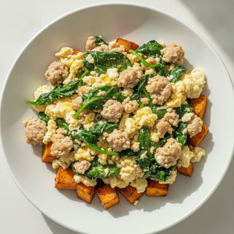 Egg White and Turkey Sausage Scramble with Spinach and Roasted Sweet Potato