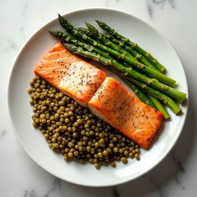 Seared Salmon with Roasted Asparagus and Lentils