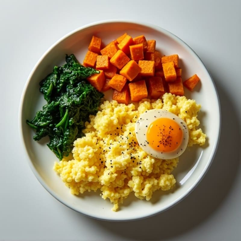 Fluffy Scrambled Eggs with Sautéed Spinach and Crispy Sweet Potato Hash