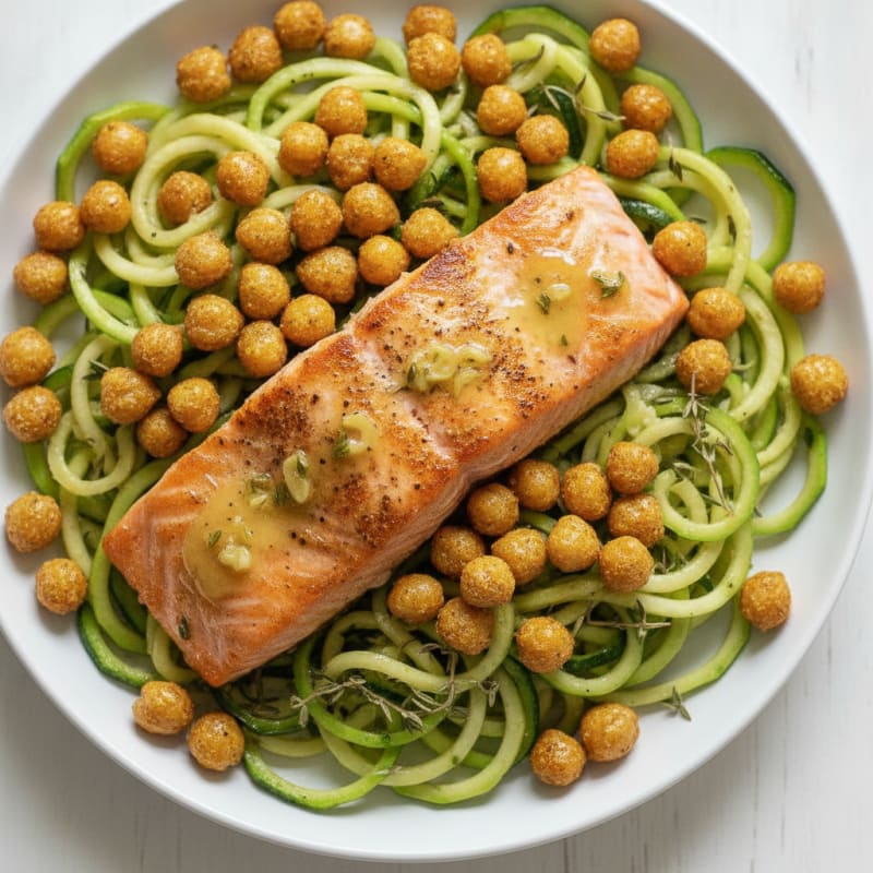 Seared Salmon Fillet with Crispy Chickpeas and Herb-Seasoned Zucchini Noodles
