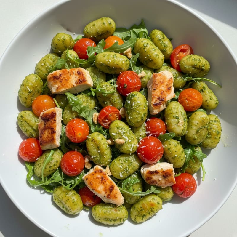 Gnocchi with Arugula Pesto and Cherry Tomatoes