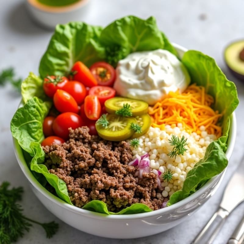 Lean Ground Beef Cheeseburger Bowl with Creamy Dill Pickle Dressing