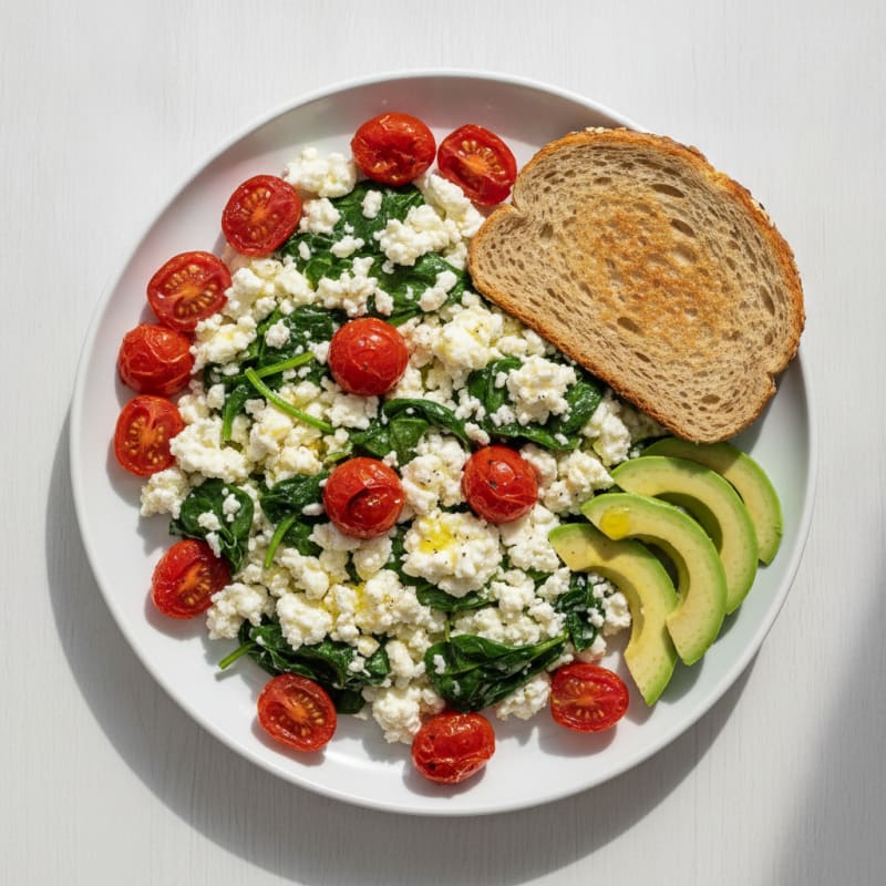 Egg White Spinach Scramble with Cottage Cheese and Cherry Tomatoes