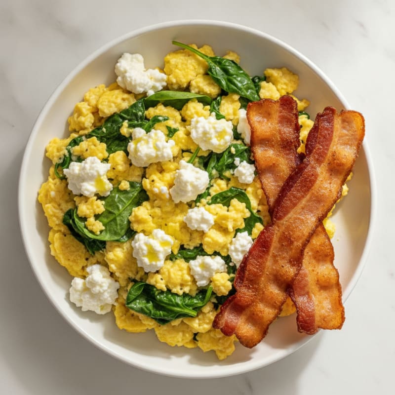 Cottage Cheese Egg Scramble with Spinach and Turkey Bacon