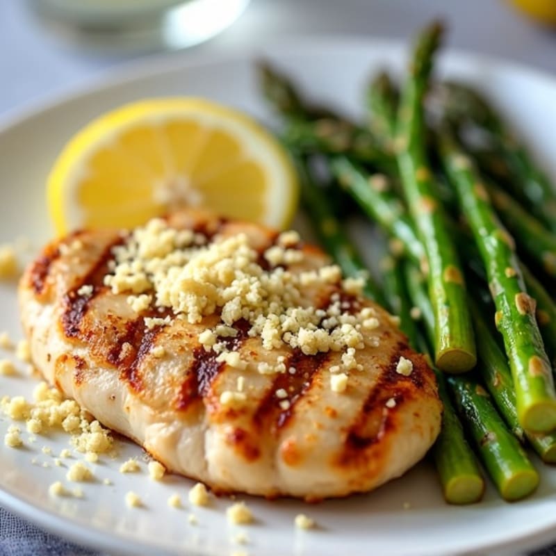Garlic-Roasted Asparagus with Crispy Lemon Breadcrumbs and Grilled Chicken