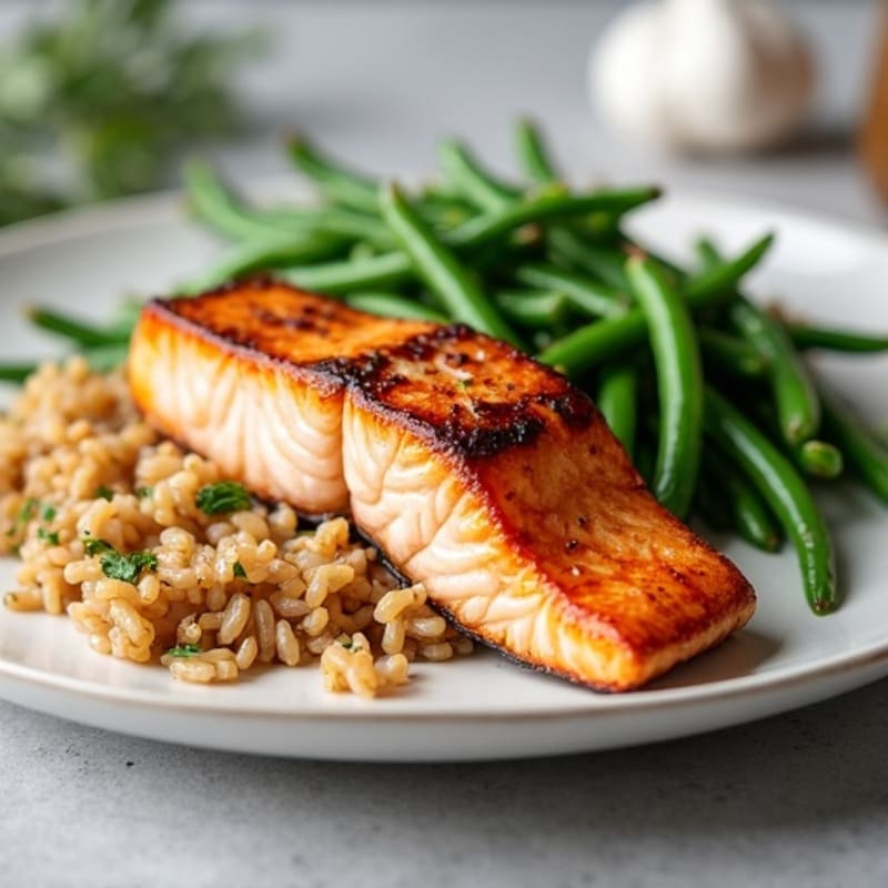 Seared Salmon with Garlic Green Beans and Brown Rice