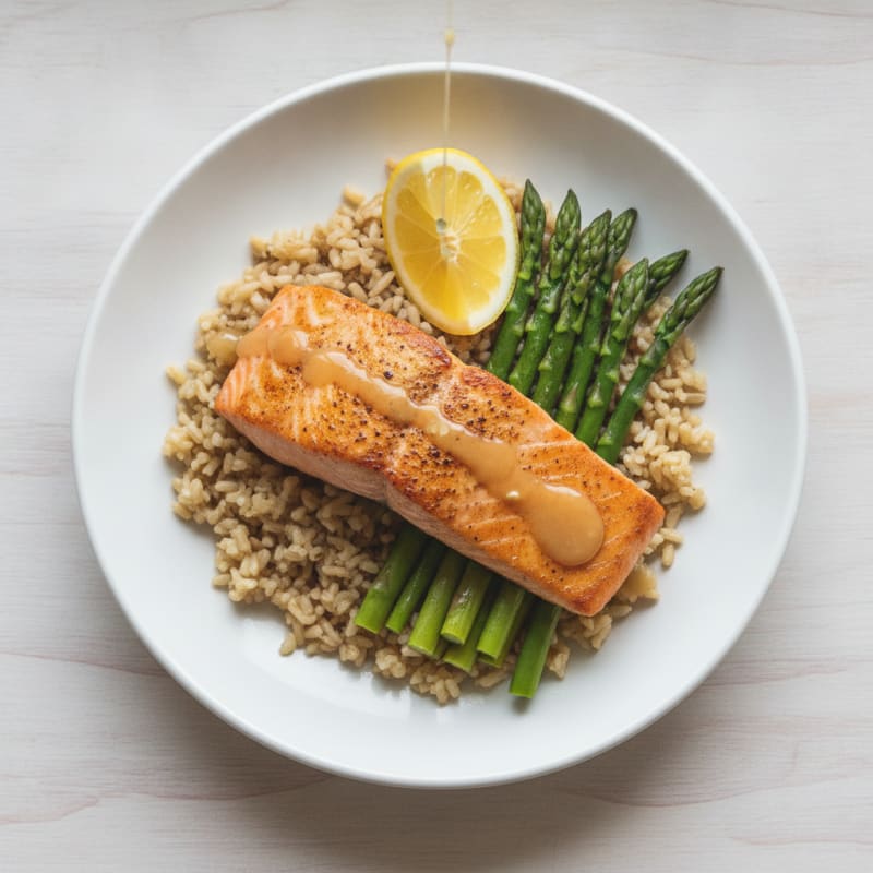 Seared Salmon with Steamed Asparagus and Brown Rice