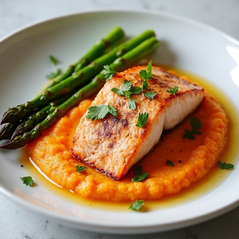 Seared Salmon Fillet with Roasted Asparagus and Sweet Potato Mash