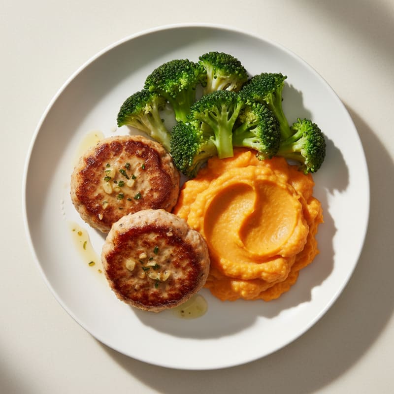 Seared Turkey Patties with Steamed Broccoli and Sweet Potato Mash