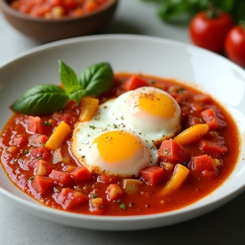 Silky Poached Eggs in Hearty Spiced Tomato Sauce with Fresh Bell Peppers
