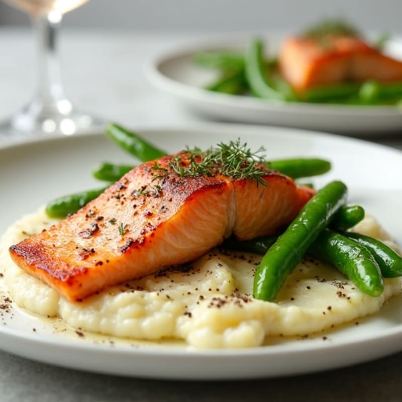 Seared Salmon with Garlic Green Beans and Cauliflower Mash