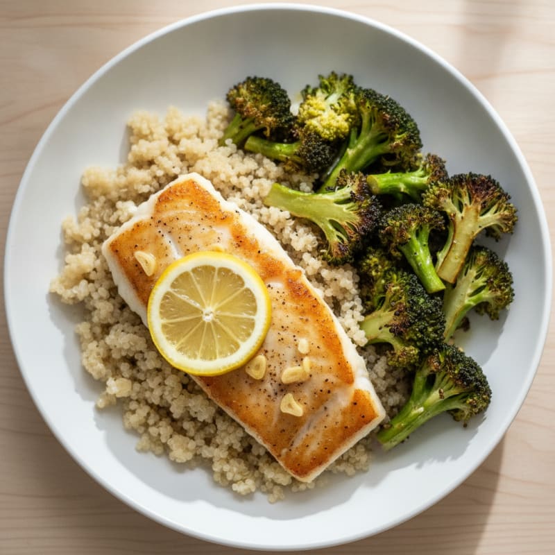 Seared Cod Fillet with Roasted Broccoli and Quinoa