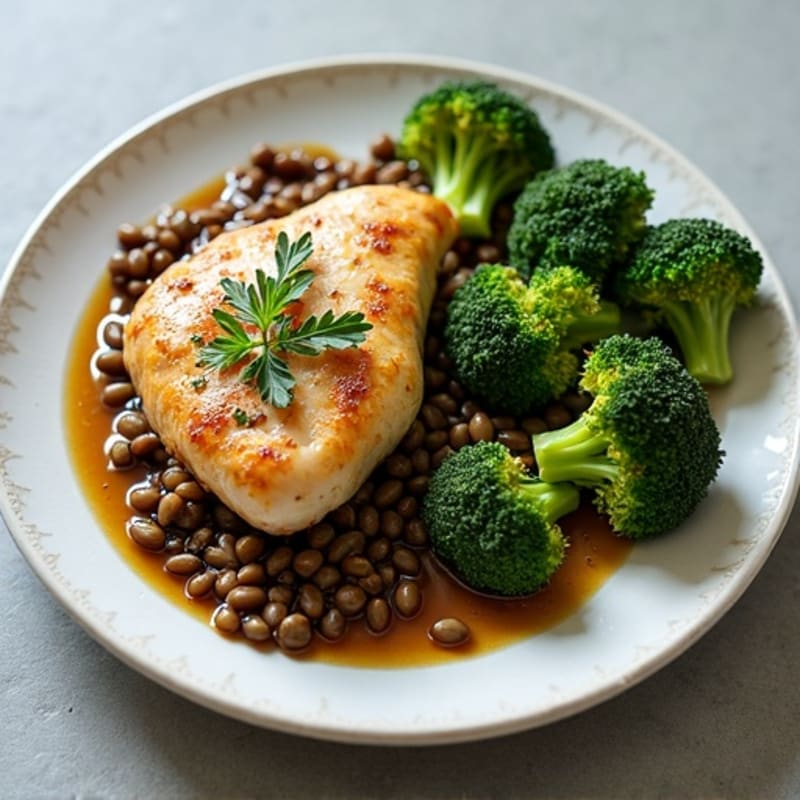 Herb-Roasted Chicken with Crispy Roasted Broccoli and Savory Lentils