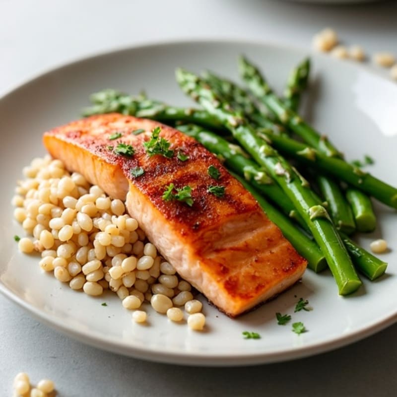Seared Salmon with Steamed Asparagus and Brown Rice