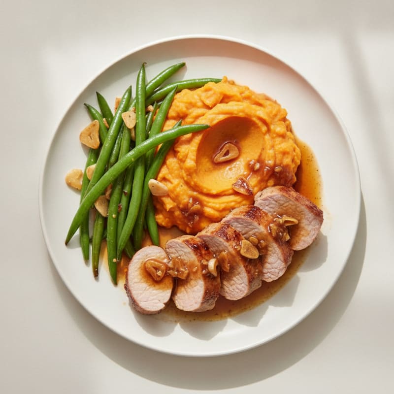 Seared Pork Tenderloin with Garlic Green Beans and Sweet Potato Mash