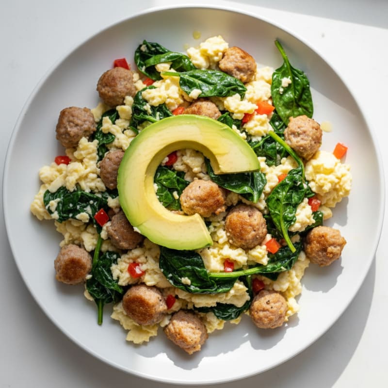 Egg White Spinach Scramble with Turkey Sausage