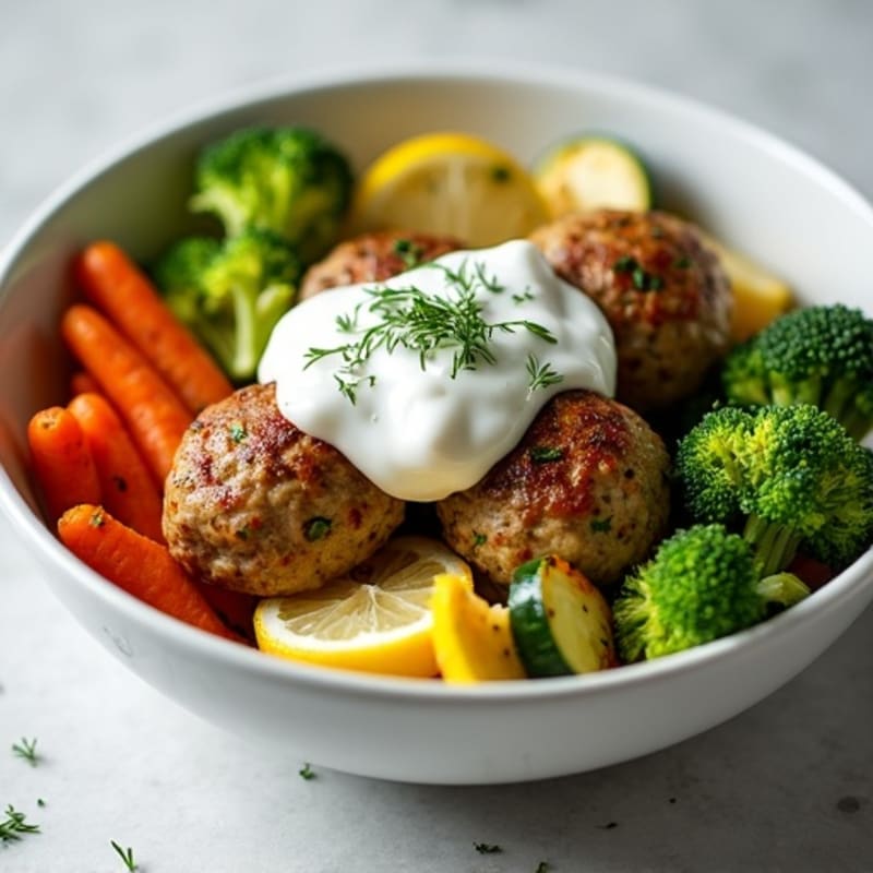 Lemon-Herb Meatball Bowl with Roasted Vegetables and Creamy Dill Sauce