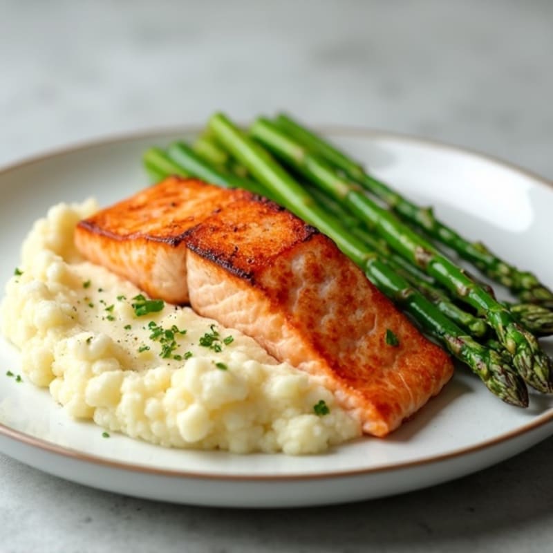 Seared Salmon Fillet with Steamed Asparagus and Garlic Cauliflower Mash