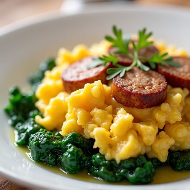 Scrambled Egg Whites with Turkey Sausage and Sautéed Spinach