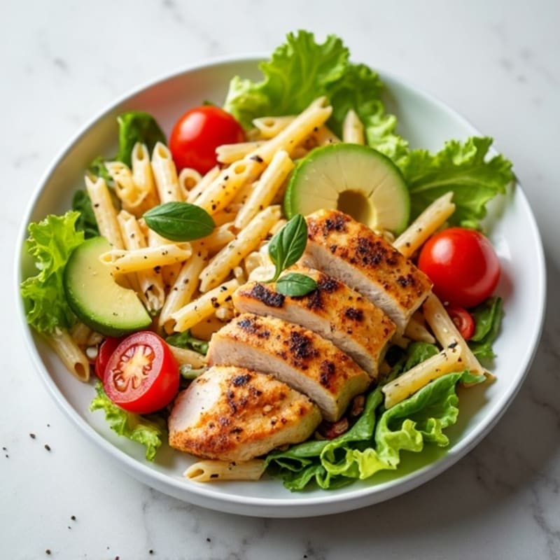 Grilled Chicken Pasta Salad with Crunchy Romaine and Cherry Tomatoes