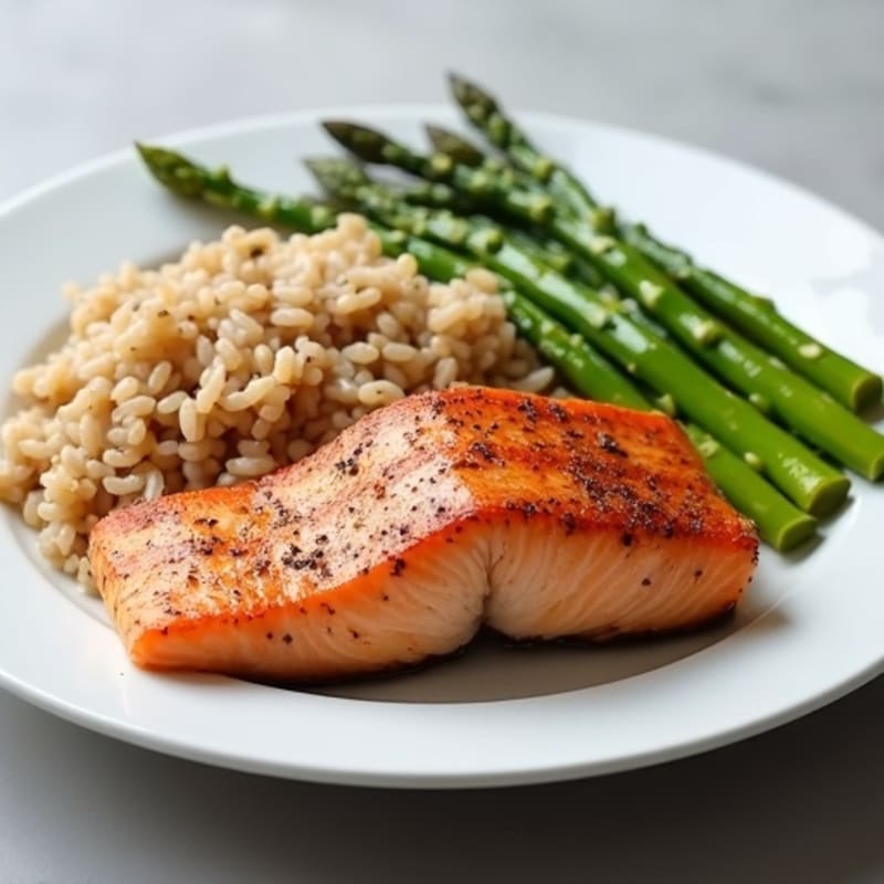 Seared Salmon with Steamed Asparagus and Brown Rice
