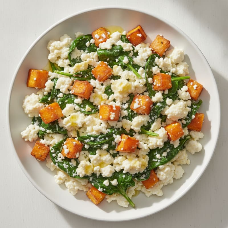 Egg White and Cottage Cheese Scramble with Sautéed Spinach and Roasted Sweet Potato