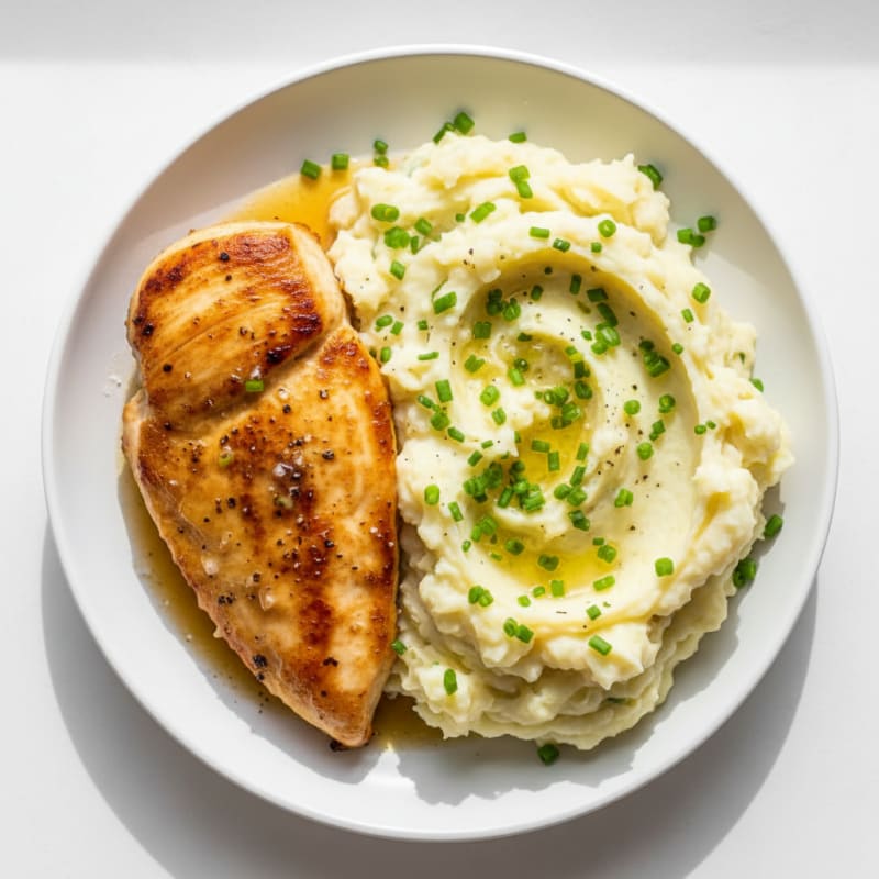 Garlic Mashed Potatoes with Chives and Pan-Seared Chicken