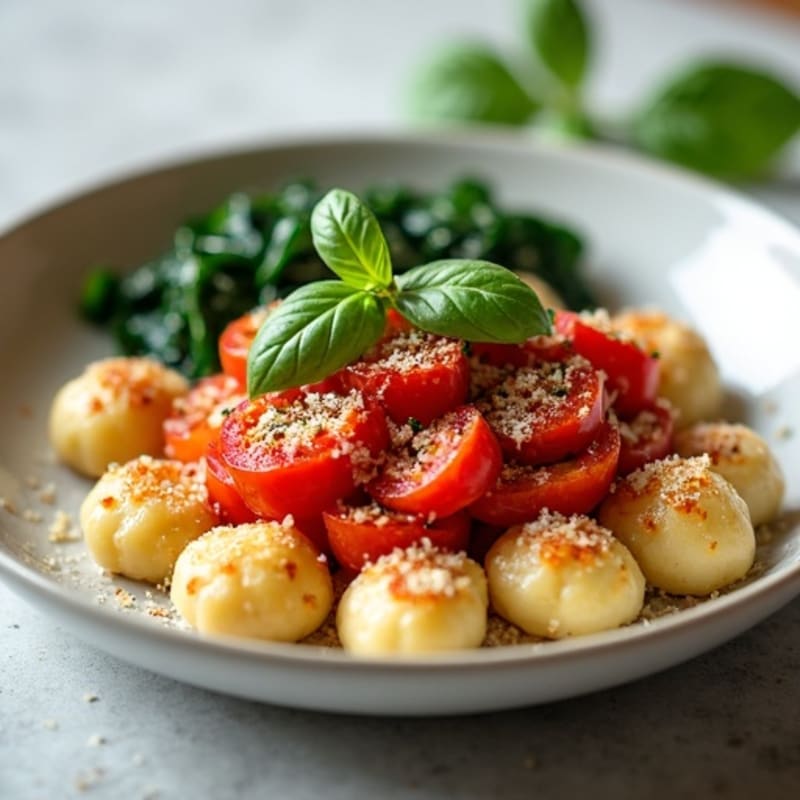 Light and Fluffy Ricotta Gnocchi with Fresh Tomato Basil Sauce and Sautéed Spinach