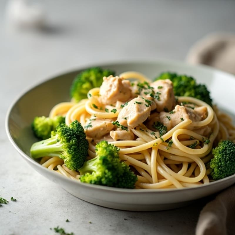 Lighter Creamy Garlic Chicken Pasta with Broccoli