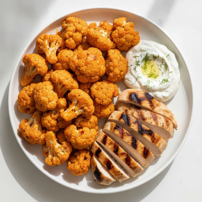 Buffalo Cauliflower Bites with Grilled Chicken