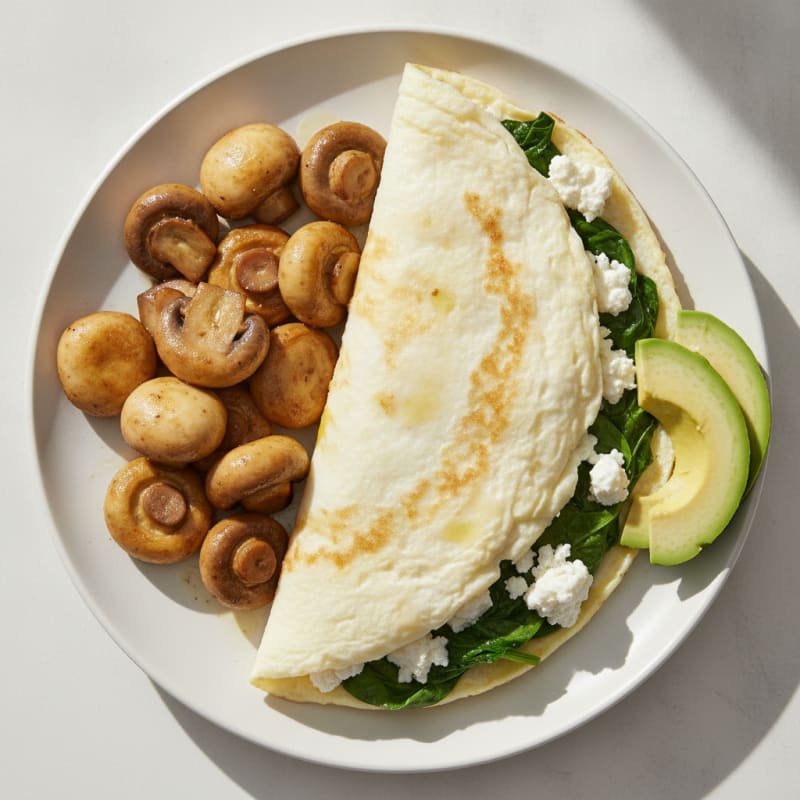 Egg White Spinach Omelette with Cottage Cheese and Sautéed Mushrooms