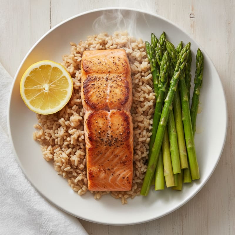 Seared Salmon Fillet with Steamed Asparagus and Brown Rice