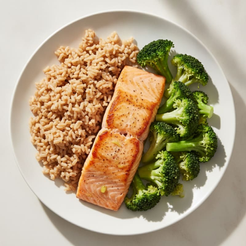 Seared Salmon with Steamed Broccoli and Brown Rice