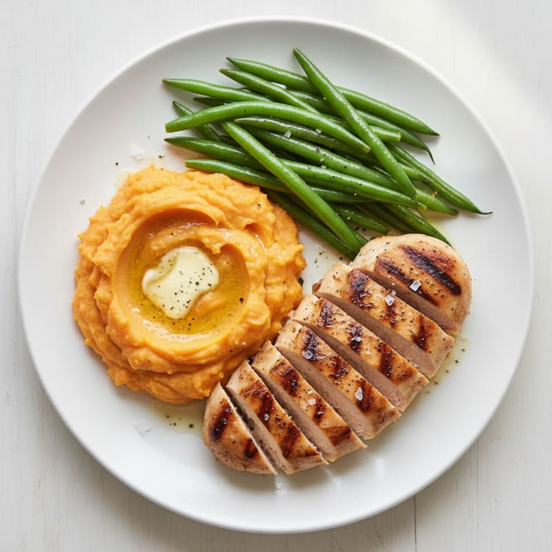 Tender Grilled Chicken Breast with Silky Mashed Sweet Potatoes and Steamed Green Beans