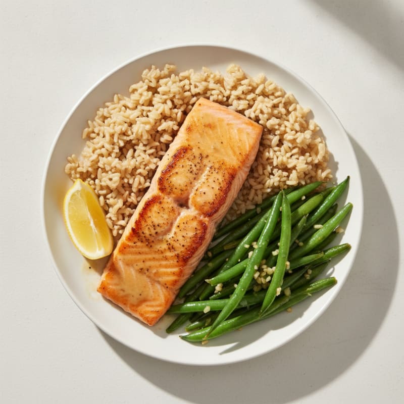 Seared Salmon with Garlic Green Beans and Brown Rice
