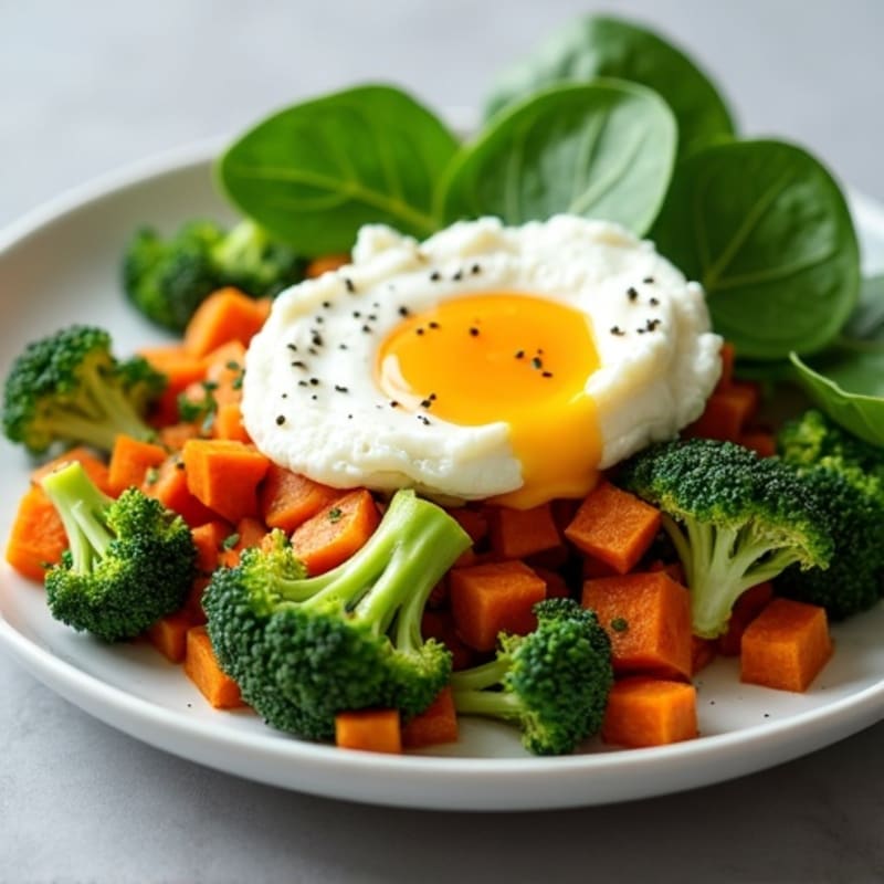Sweet Potato and Broccoli Hash with Egg Whites, Fresh Greens, and Creamy Cottage Cheese