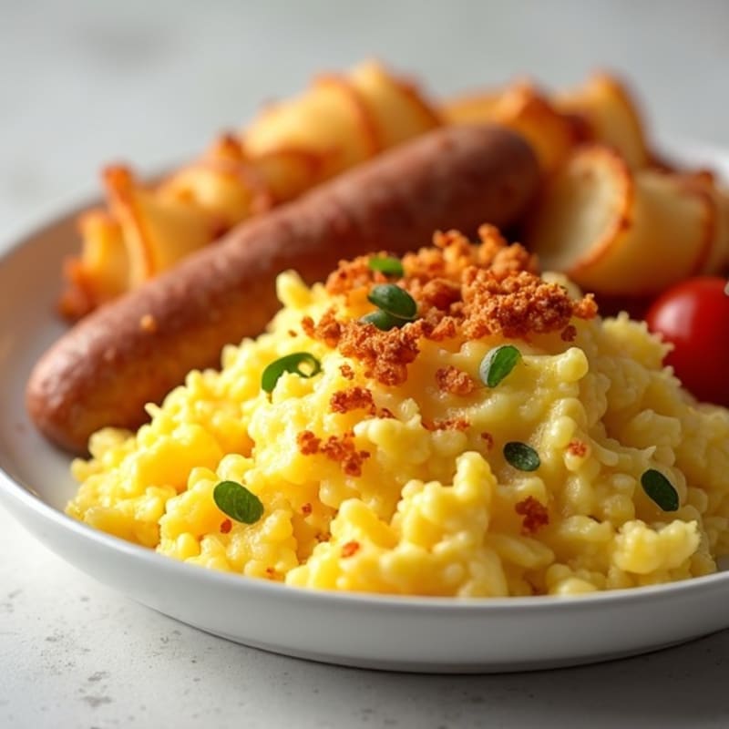 Scrambled Eggs with Crispy Hash Browns and Savory Chicken Sausage