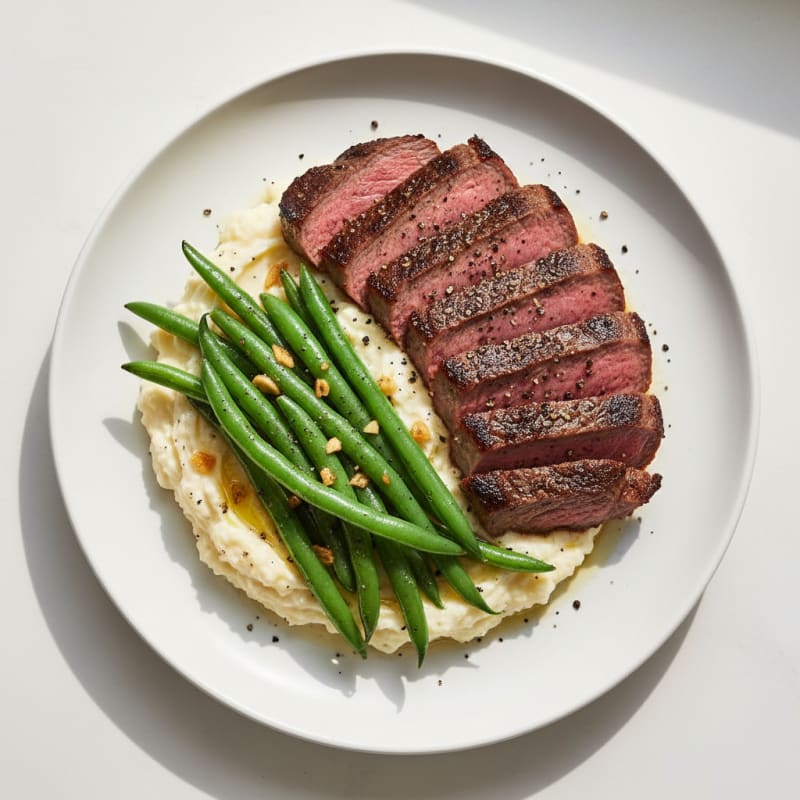 Seared Lean Steak with Garlic Green Beans and Cauliflower Mash
