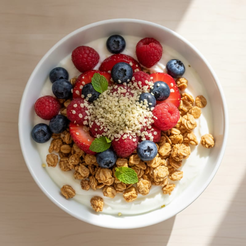 Greek Yogurt Parfait with Protein Granola and Mixed Berries