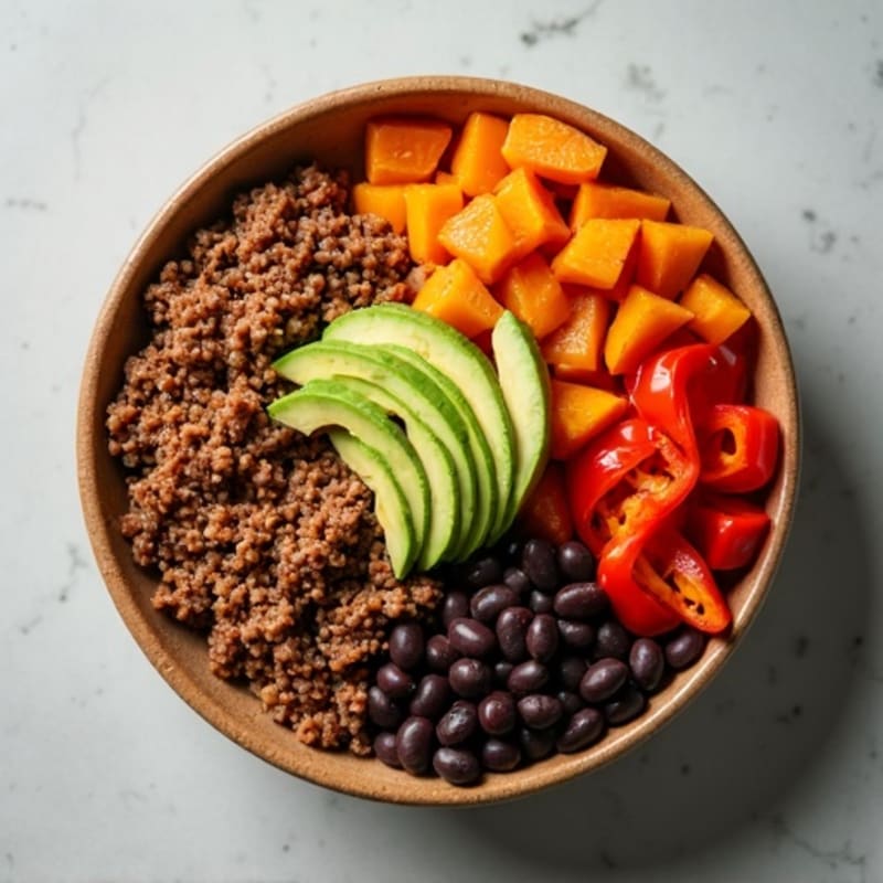 Spiced Lean Ground Beef Burrito Bowl with Roasted Sweet Potatoes