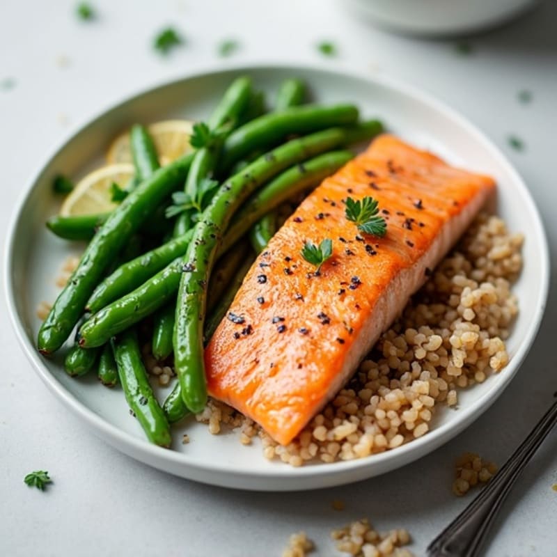 Seared Salmon with Steamed Green Beans and Brown Rice