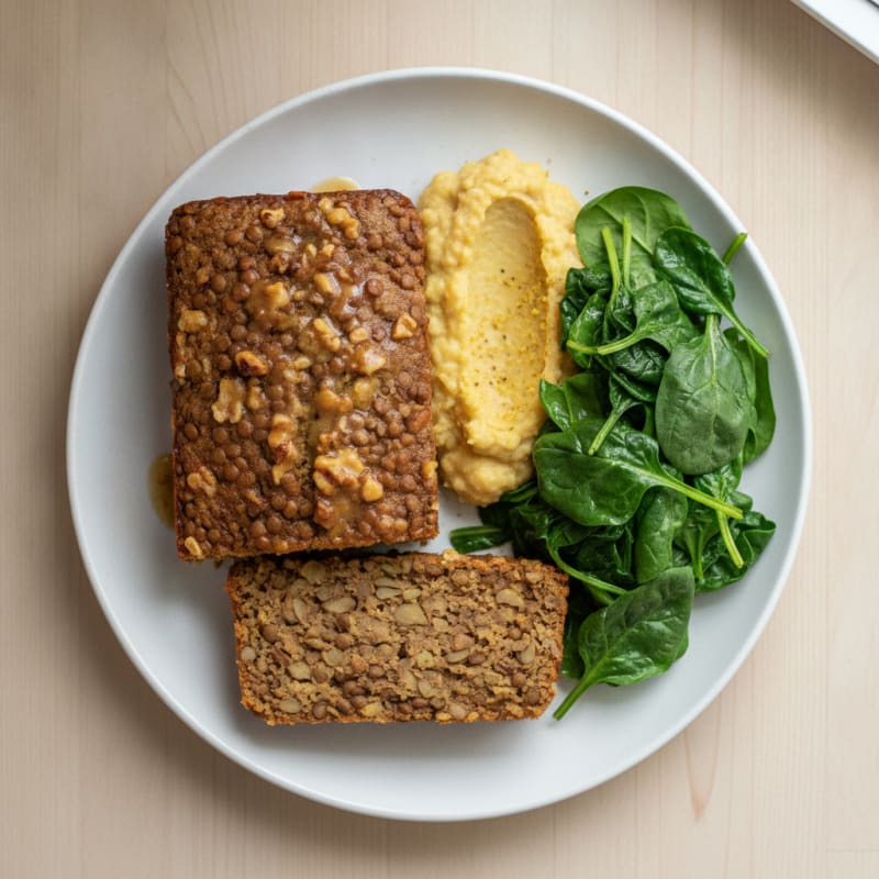 Lentil Walnut Protein Loaf with Steamed Greens and Chickpea Mash