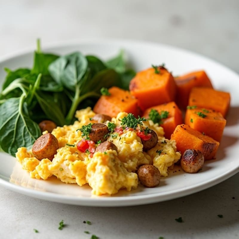 Egg White and Turkey Sausage Scramble with Spinach and Roasted Sweet Potatoes